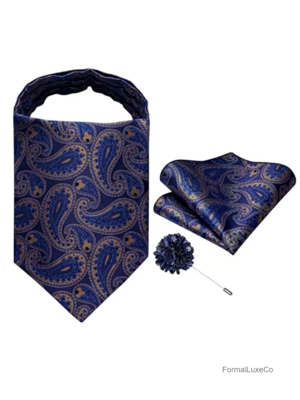 Ascot Tie Set for Men Paisley Floral Cravat Silk Neck Scarf with Pocket Square